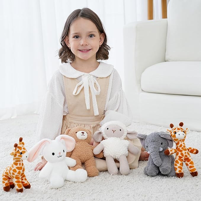 6 Pcs Stuffed Animals Bulk, 8 Inch Small Stuffed Safari Animals, Zoo Stuffed Animals Set (Sheep Elephants Bear Giraffe Bunny) Baby Shower Party Decor, Easter Gift for Classroom Kids, Girls