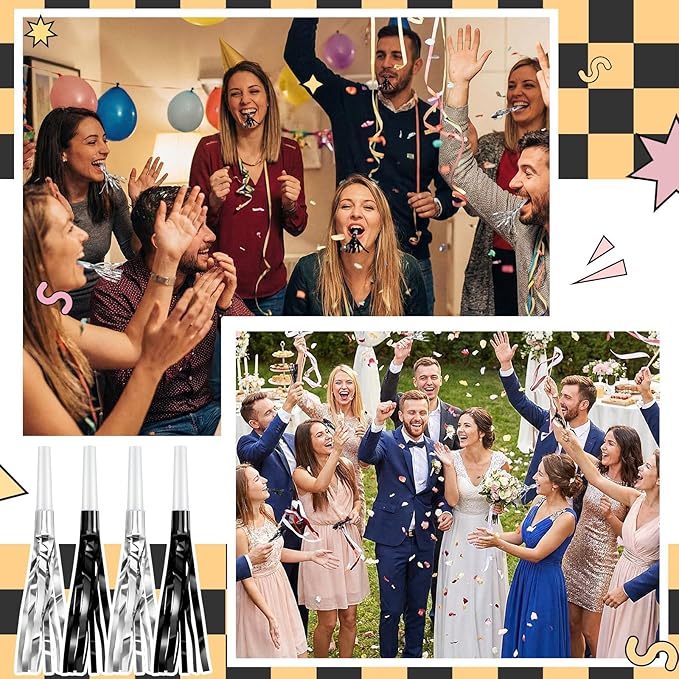 Sumind 24 Pcs Black and Silver Noise Makers Glitter Noise Makers Metallic Fringed Party Blowers for Adults Birthday Graduation Sporting Events 2026 New Years Party Favor Supplies