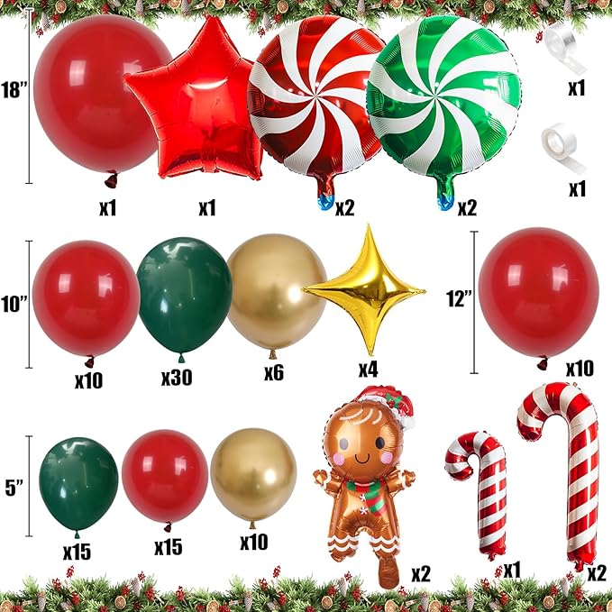 Christmas Balloon Garland Arch Kit Red Green Gold Latex Balloons Large Gingerbread Man Red Green Lollipop Candy Mini Cane Foil Balloons with Four/Five Pointed Star for Xmas New Year Party Decorations