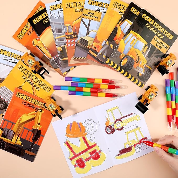 BenLouis 24 Pcs Construction Mini Coloring Books Kids Excavator Theme Party Favors Small Activity Books Bulk for Kids Construction Birthday Goodie Bags Stuffers Return Gifts Classroom Travel