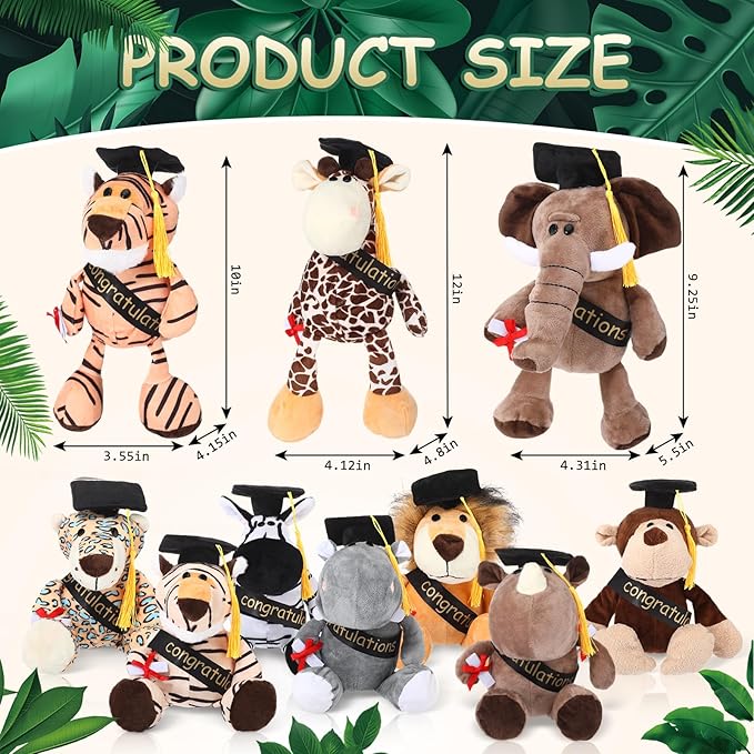 HyDren 10 Pieces 9 Inches Graduation Safari Stuffed Animals Set Plush Safari Stuffed Animal Elephant Giraffe Lion Tiger Monkey Rhinoceros Zebra Leopard Hippo for Graduation Party Favors Gifts