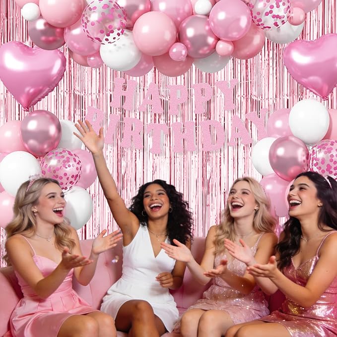 Pink Birthday Decorations for Girls Women, Baby Light Pastel Pink White Party Balloons with Fringe Curtain Birthdays Banner Cake Decor for Birthday Wedding Baby Shower Party Decoration Supplies