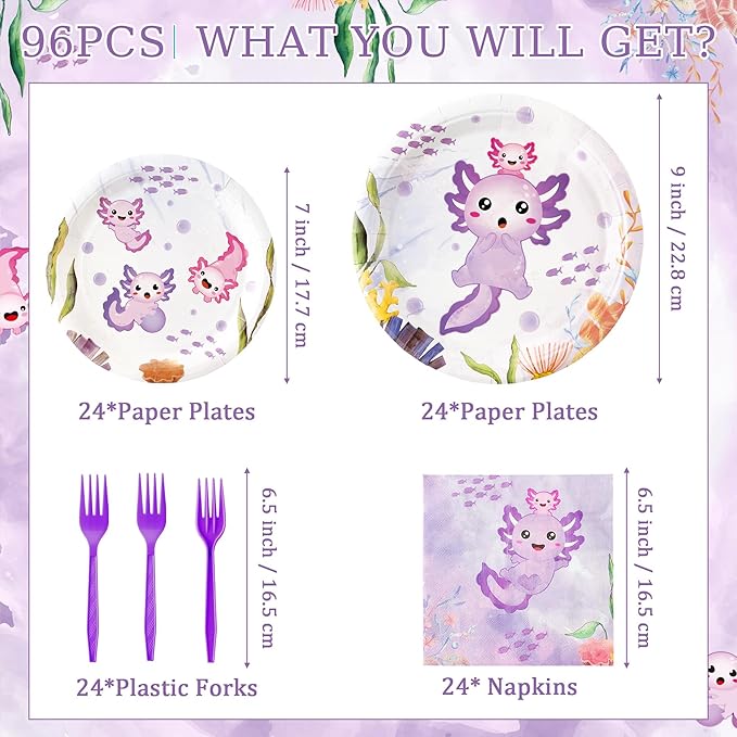 96Pcs Purple Axolotl Cute Cartoon Animals Party Plates Supplies Tableware Decorations Disposable Paper Plates Napkins Forks for Kids Birthday Baby Shower, Serves 24