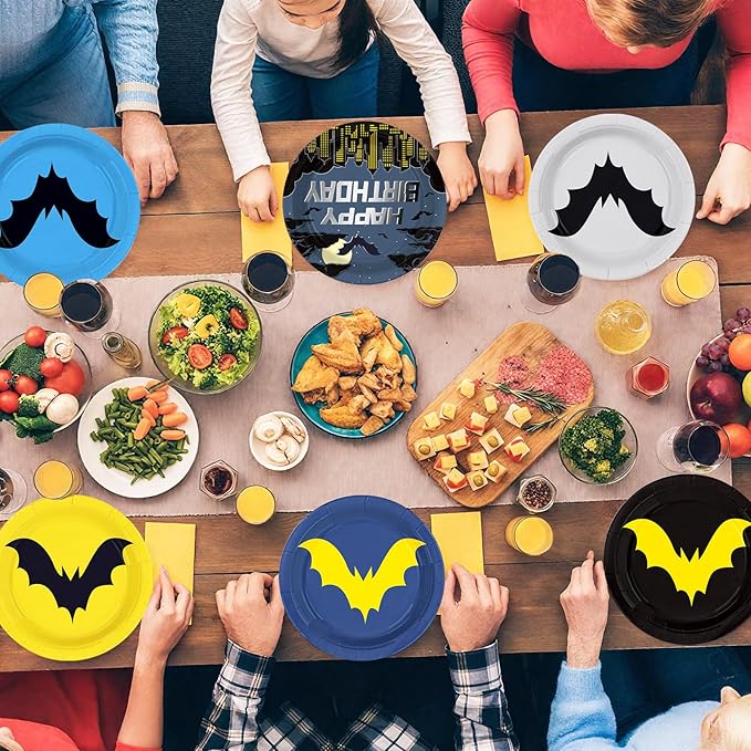 60Pcs Bat Theme Hero Party Paper Plates 9" Disposable Heavy Duty Cartoon Bat Birthday Dessert Plates Black Yellow Super Theme City Party Decorations for Boys Kids Baby Shower Holiday Party Supplies