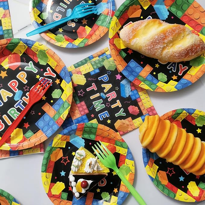 gisgfim 96 Pcs Building Block Birthday Party Supplies Paper Plates Napkins Colorful Blocks Party Birthday Decorations Favors for Boy or Girl Serves 24