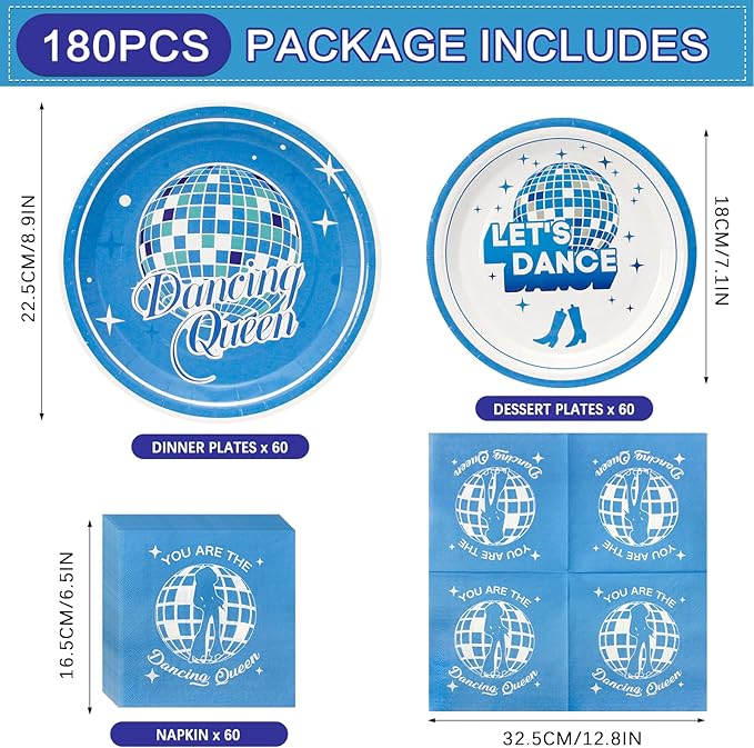 180PCS Dancing Queen Party Supplies Serve 60,Blue Disco Paper Plates and Napkins Kit for 70s Disco 17th Birthday Bachelorette Party Decorations,Includes Dinner and Dessert Plates, Napkins