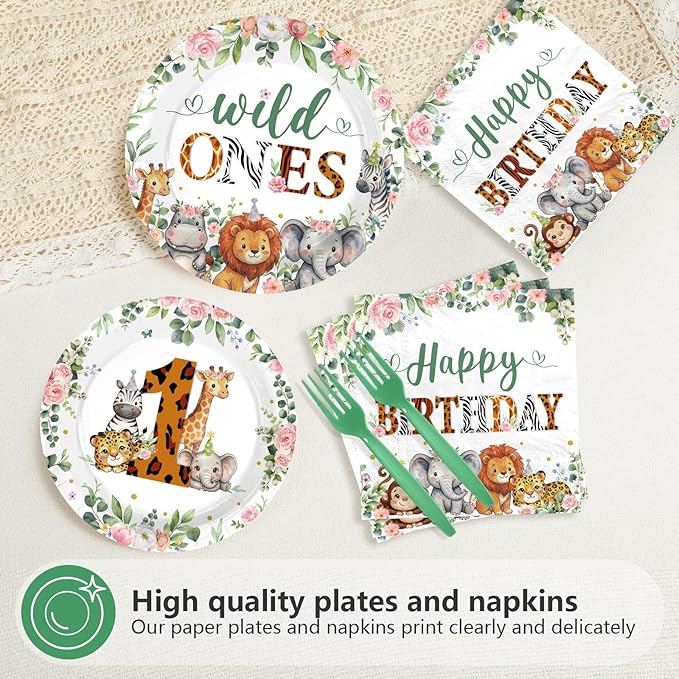 96Pcs Safari Wild Ones Birthday Party Decorations Twins Baby 1 Year Old Plates and Napkins Safari Jungle Animal Supplies for Boys Girls First Birthday Welcome Twins Party Supplies, Serves 24