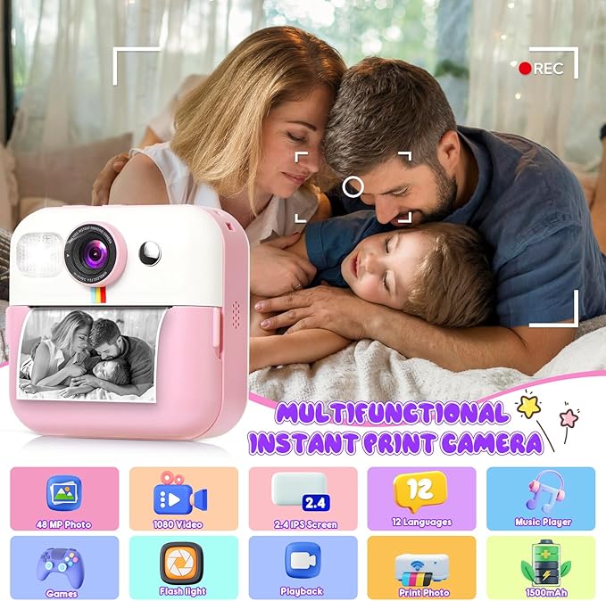 Photomaker Kit Kids 1080P Instant Print Camera for Kid 93 Pcs DIY Journal Kit for Girls Kids Camera Instant Print with 3 Roller Photo Paper Ideas Birthday Gifts and Toys for Girls Boys Age 6-14 Pink