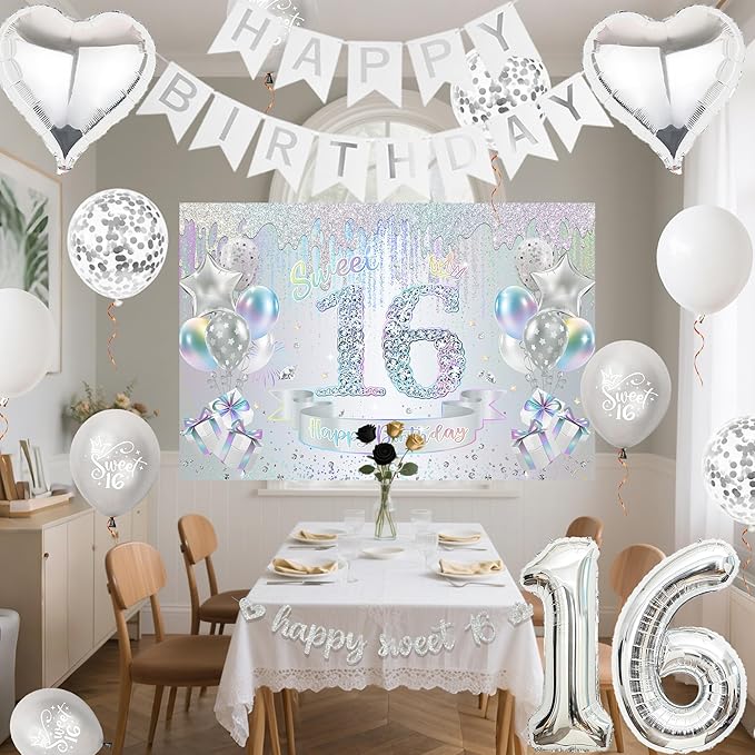 Sweet 16 Birthday Party Decorations for Girls - Colorful Silver 16th Happy Birthday Banner Heart Balloons Number 16, Photo Backdrop Crown Sash Party Supplies for Sixteen Years Old
