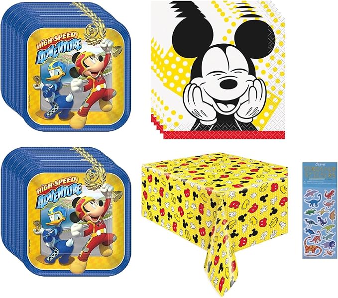 Amscan Mickey Mouse Roadster Party Supplies Bundle for 16 Guests - Includes 16 Paper Plates, 16 Paper Napkins, 1 Plastic Table Cover, 1 Dinosaur Sticker Sheet