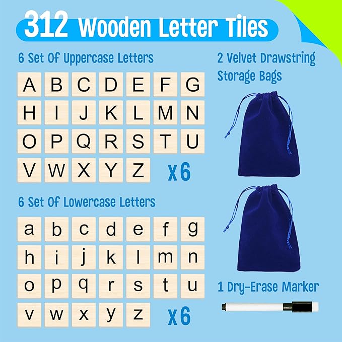 Word Spelling Game, 312 Wooden Letters Tiles & 300 Common Words for - CVC, CVCC, CCVC, Sight Word & First Word Learning, Montessori Early Educational Tool for Kids 4-9, Autistic Toys for Grades 1-3
