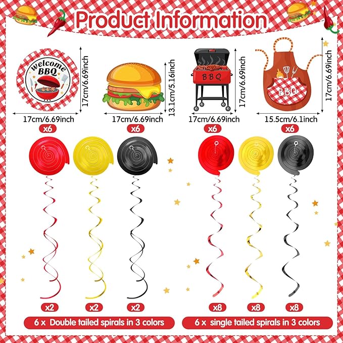 Ireer 54 Pcs Summer Picnic Party Hanging Decor Picnic Birthday Hanging Swirl BBQ Decoration Swirls for Barbecue Decor for Summer BBQ Birthday Carnival Party Supplies Decoration(Basic)