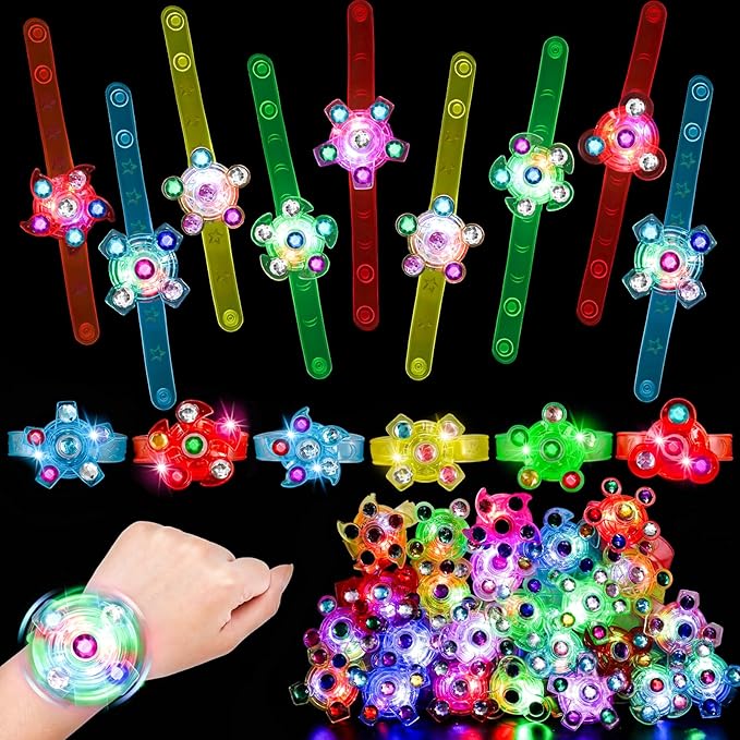 LovesTown 24 Pack LED Light Up Fidget Spinner Bracelets for Kids Ages 3-12, 6 Styles Party Favors Pack, Stocking Stuffers Easter Birthday Goodie Bags, Party Size