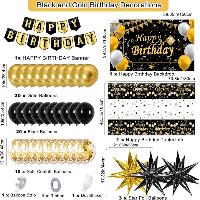Black and Gold Birthday Decorations for Men Women, Black Gold Party Decorations Kit with Happy Birthday Banner Backdrop Tablecloth Foil Curtains Balloons Arch, Happy Bday Party Supplies for Him