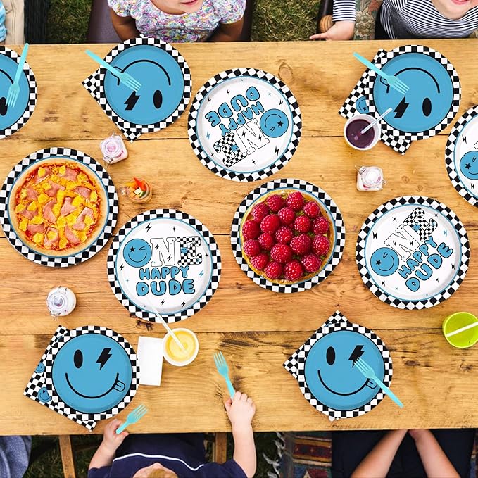 96Pcs One Happy Dude 1st Birthday Party Decoration Blue Smile Face Plates and Napkins Black White Plaid Disposable Paper Tableware Set for 1st Birthday Baby Shower Party Supplies Serves 24