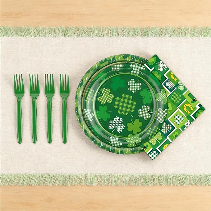St. Patrick’s Day Tableware Set, 96 Pcs Lucky Green Shamrock Disposable Dinnerware with Paper Plates, Napkins, and Forks for St Patrick Day, Irish Party Supplies- Serves 24