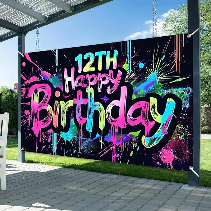 Neon 12th Happy Birthday Banner 71x43 Inch Paint Splatter Glow in The Dark Party Backdrop Colorful Wall Decor for Kids Boys Girls Twelfth Birthday Celebrations Photo Booth Props Event