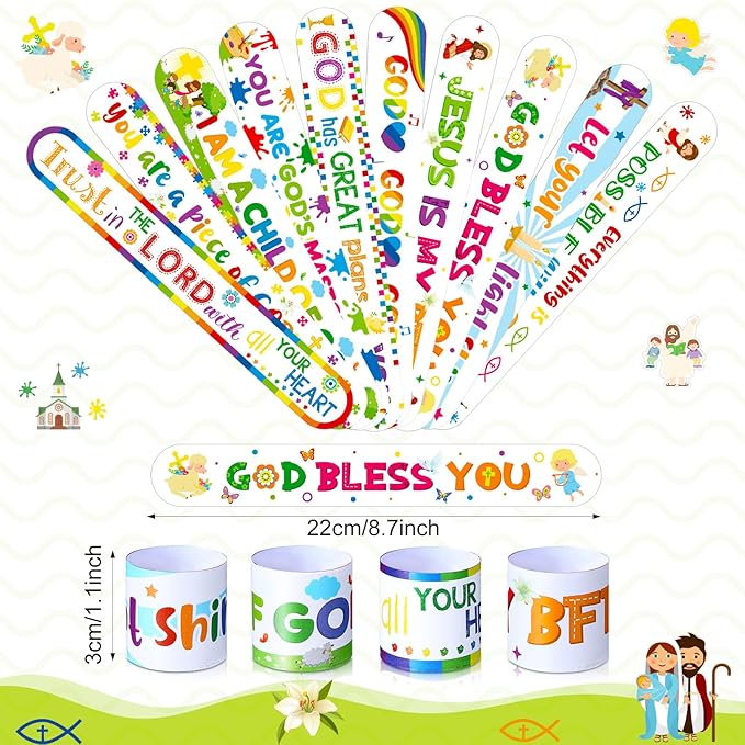Frienda 40 Pcs Bible Verses Religious Christian Slap Bracelets for Kids VBS Jesus Love You Wristband Inspirational Motivational Nativity Slap Bracelet Sunday School Supplies He Is Risen(Inspirational)