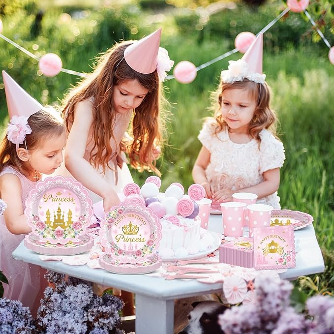 96pcs Princess Birthday Party Decorations Pink Princess Scalloped Plates Napkin Tableware Set Pink Floral Gold Castle Fairytale Disposable Tableware for Girls Birthday Baby Shower Party Supplies Favor