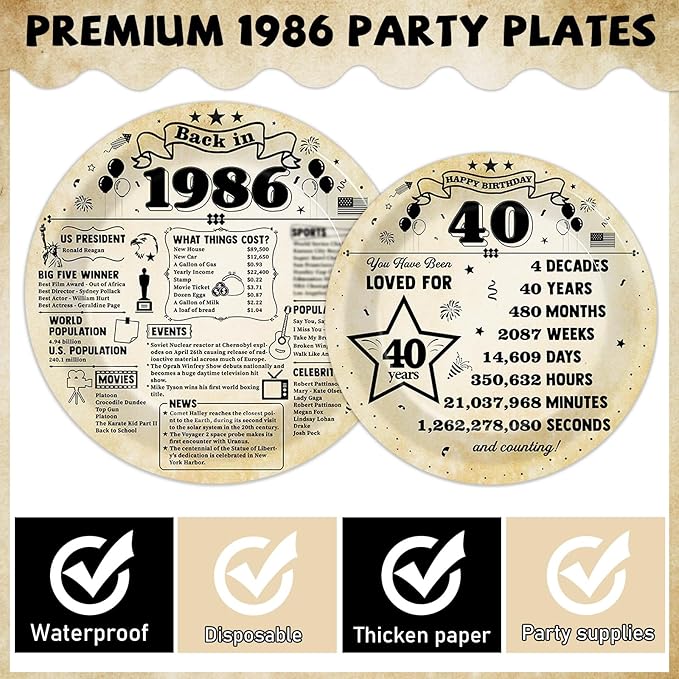 CHUNNIN 96Pcs 40th Birthday Plates and Napkins Back in 1986 Party Decorations Vintage 40 Year Old Party Dessert Plates 1986 Birthday Tableware for 24 Guests 40th Theme Men Woman Bday Parties Supplies