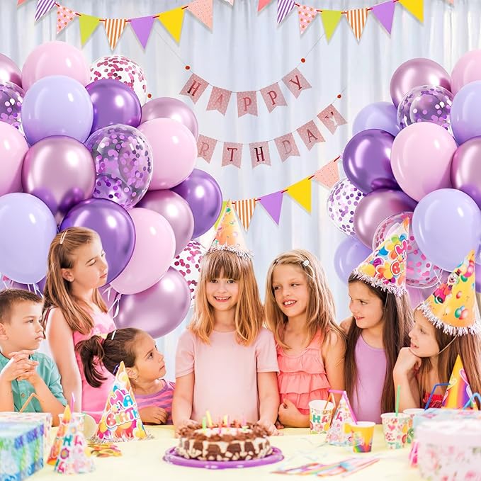 61pcs Pink and Purple Balloons, 12 Inch Purple Pink Confetti Latex Balloons, Metallic Balloon for Bridal Baby Shower Wedding Women Birthday Party Decorations