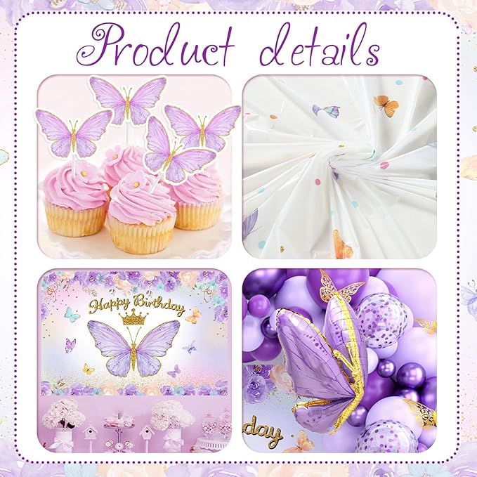 Purple Balloon Arch Kit with Foil Butterfly Balloons, Happy Birthday Backdrop & Tablecloth Decorations for Girl's Party