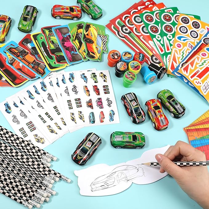 BenLouis 96Pcs Race Car Party Favors Racing Theme School Stationery Set Bulk for Kids Fast Racecar Wheel Birthday Party Goodie Bag Stuffers Classroom Gifts Rewards Pinata Filler