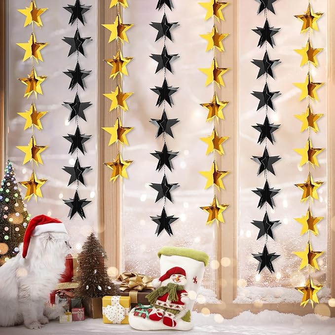 MARFOREVER 5 PCS 3D Black and Gold Star Garland, 41 Ft Star Metallic Paper Twinkle Hanging Sparkling Stars Banner Streamer for Birthday Wedding Baby Bridal Shower Holiday Graduation Party Supplies