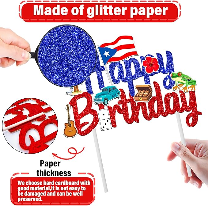 Puerto Rico Cake Topper Glitter Puerto Rican Theme Birthday Party Decoration Puerto Rican Cake Decorations Frog Cigar Vintage Car Cake Picks for National Day Patriotic Festival Supplies