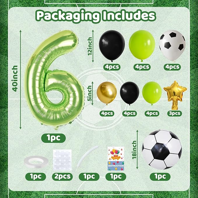 40 Inch Number 6 Balloon Green Soccer Number Six Foil Balloons Tower Set for Boys 6th Birthday Party Decorations Giant Large Digital Aluminum Balloons Stack for Football Lover World Sports Game