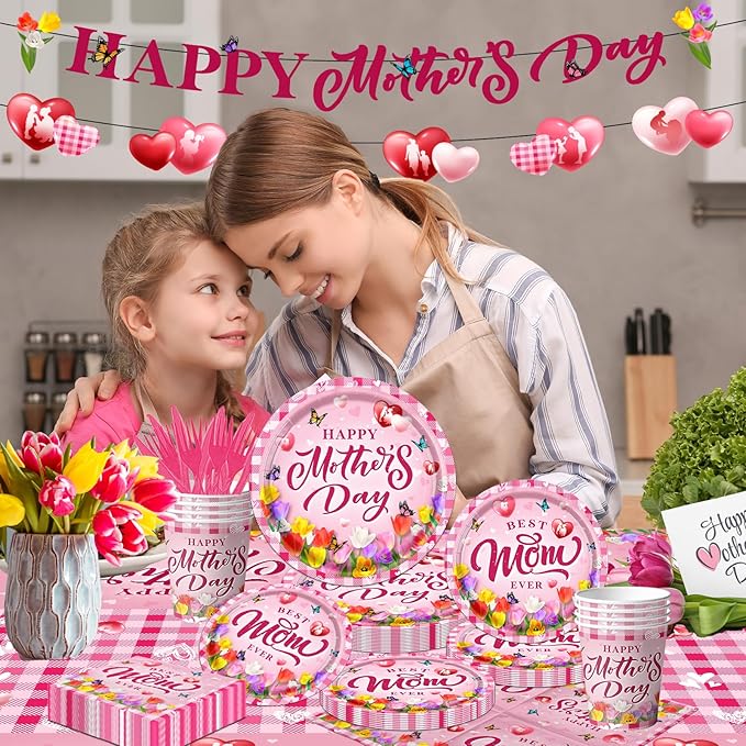 GREHUMOR 142Pcs Happy Mother's Day Party Supplies Pink Mother's Day Tableware Floral Flowers Tulip Disposable Paper Plates,Tablecloth,Napkins,Cups,Forks and Knives for Best Mom Ever Party Decorations