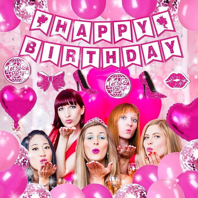 Hot Pink Birthday Party Decorations for Women Girls,Happy Birthday Banner,Hanging Swirl,Foil balloons,Party Supplies Decor for 10th 13th 16th 18th 21st