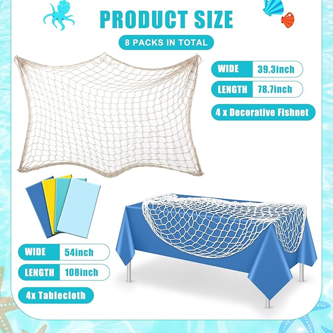 Unittype Fish Net Decorative and Tablecloth Set, Cotton Fishnet and Plastic Table Cover Decorations Set for Nautical Themed Party Baby Shower Pirate Decorations Mermaid Party