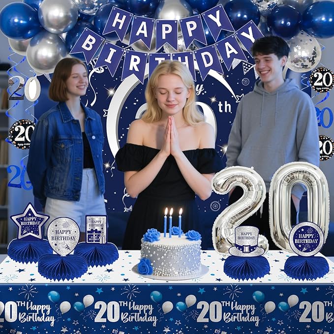 20th Birthday Decorations for Men Women, 54 PCS Happy 20 Balloon Numbers Set for Boys, Blue 20 Year Old Birthday Party Supplies with Bday Tablecloth Banner Honeycomb Centerpieces Hanging Swirls