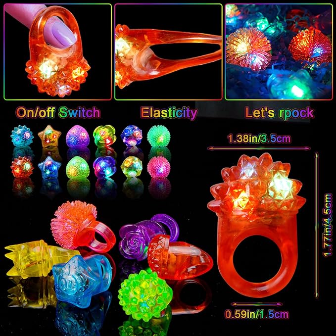 Party Favors 100 Pcs Light Up Rings, Glow In The Dark Party Supplies, 6 Style Flashing Glow In The Dark Rings for Adults & Kids, LED Ring for Birthday, Concert, Raves, Halloween, Christmas