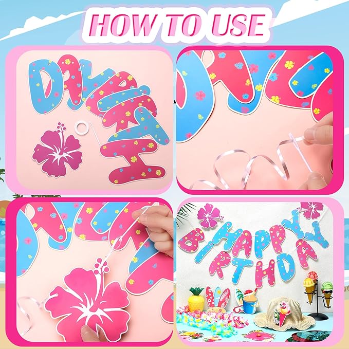 Hibiscus Birthday Party Decorations Happy Birthday Banner with Luau Hibiscus Flower Hanging Swirls Pink Blue Hawaiian Tropical Themed Party Supplies Tropical Luau Summer Decorations