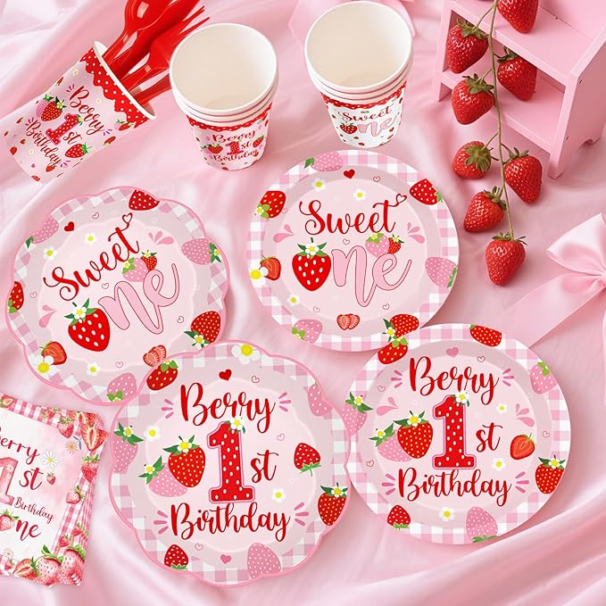 212ps Berry First Birthday Decor Strawberry 1st Birthday Paper Plates Cups Napkins Tablecloth Forks Tableware Berry 1st Bday Party Supplies Sweet One Girls Strawberry Baby Shower Decorations Serve 30