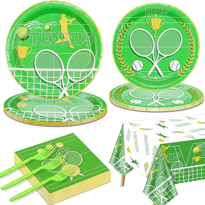 Disposable Tennis Party Supplies for 20 Guests - Set Includes Plates, Napkins, Forks, Tablecloth for Men, Women, Kids - Sports Themed Birthday Party Decor