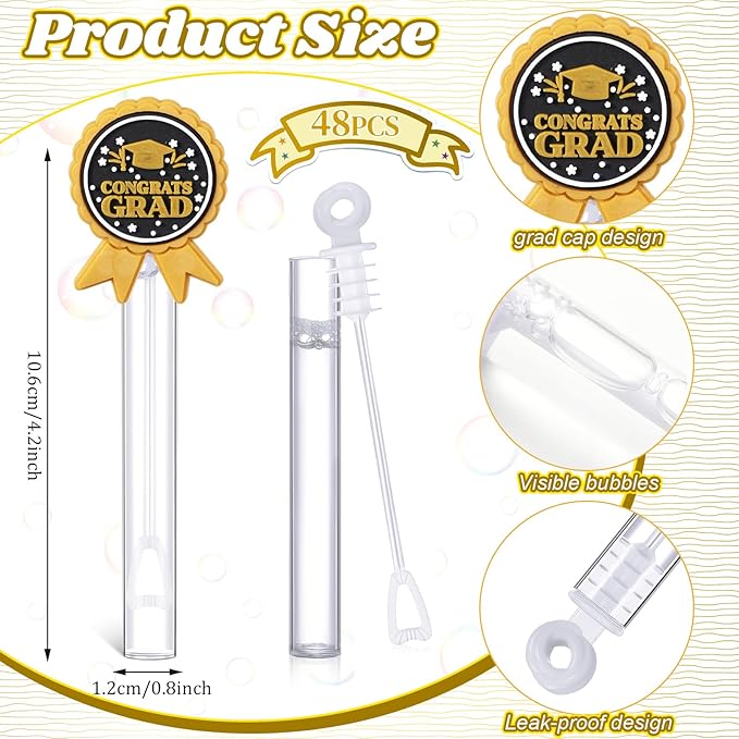 48 Pcs 4.2'' Mini Bubble Wands Bubbles Party Favors Birthday Party Supplies Favor Decorations for Gift Back to School Goodie Bag, Contains Liquid(Graduation Medal)