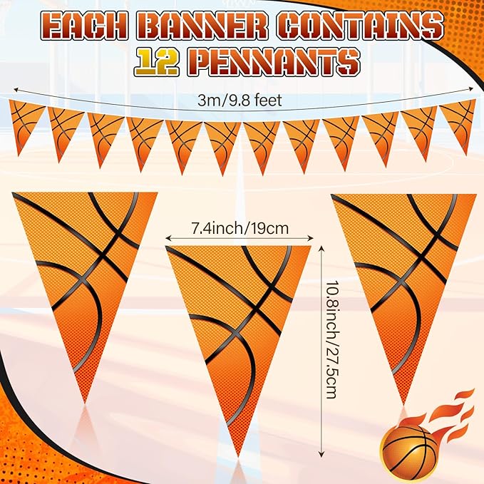 Faccito 5 Pack Basketball Banners Party Decorations Sports Championship Pennants Hanging Decor Themed Triangle Flags Athletics Game Garland for Birthday Party Supplies (Orange)
