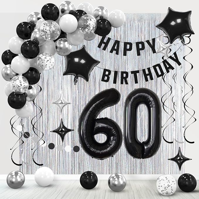 60th Birthday Decorations for Men Women- Black Silver Happy 60th Birthday Party Decor With Banner Backdrop,Number 60 Foil Balloon -Black White Balloons Garland Arch Kit for 60 Years Old Anniversary