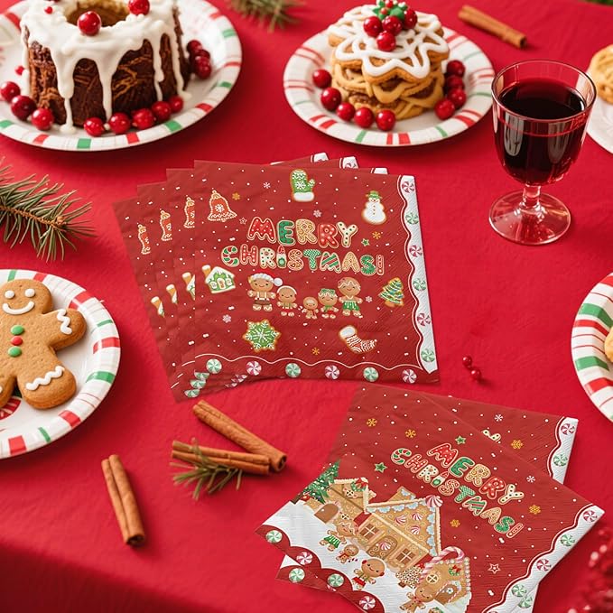 100Pcs Christmas Gingerbread Napkins, 13 x 13inch Snowflakes Xmas Luncheon Paper Napkin Red Santa Party Napkins for New Year Winter Holiday Christmas Party Supplies