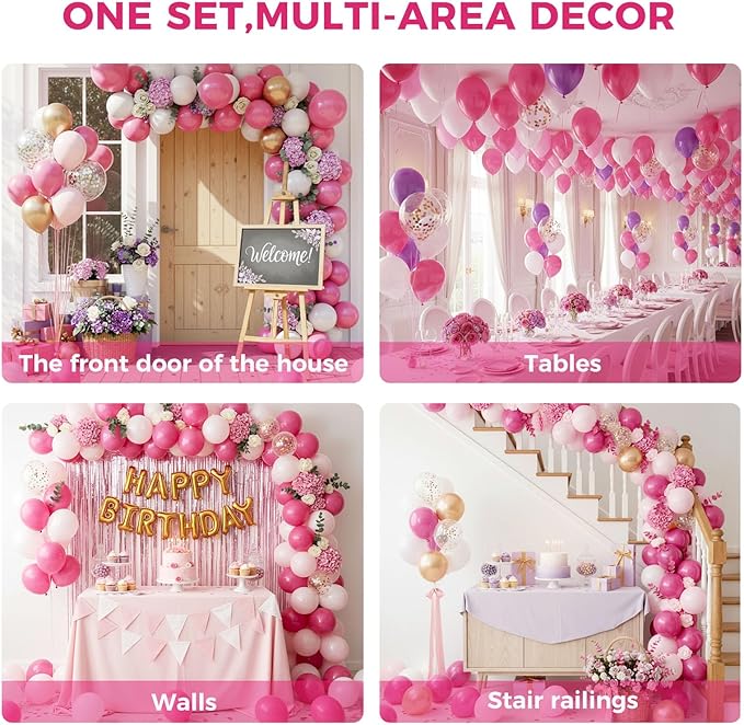 LovesTown 110PCS Latex Balloons 12inch Party Balloons Arch with Ribbon for Birthday Baby Shower Wedding Party Decorations Hot Pink (Pack of 2)