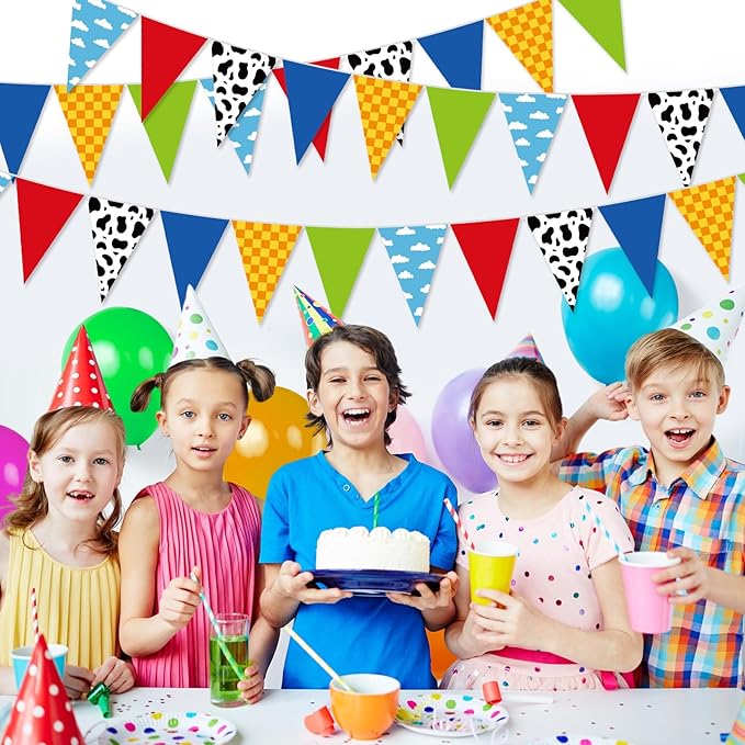 Pasimy 5 Pcs 49.2Ft Cartoon Birthday Party Decorations Blue Sky White Clouds and Cow Print Pennant Banners Flags Red Blue Yellow String Triangle Flag Banner for Baby Shower Birthday Party Decorations