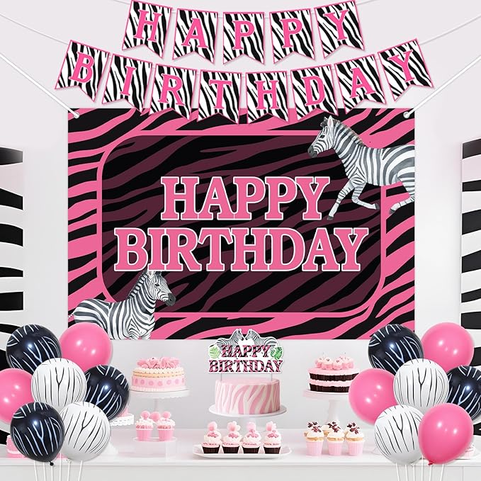 Zebra Birthday Decorations for Women Pink Zebra Happy Birthday Banner Backdrop Cake Topper Safari Jungle Theme Bday Party Supplies for Wildlife Animal Supplies