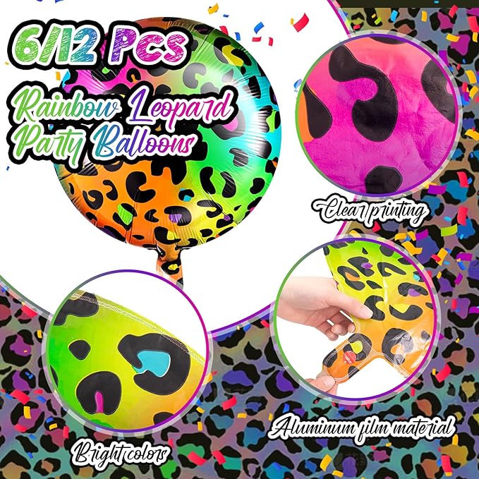 BBTO 6 Pcs 18 Inch Neon Rainbow Leopard Birthday Foil Balloons Color Cheetah Balloons Cheetah Birthday Decorations Neon Rainbow Leopard Decorations Supplies for Party(Multicolor)