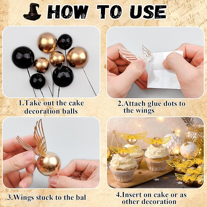 Wizard Cake Topper 26PCS Magical Wizard Themed Cake Decoration Black and Gold Ball Cupcake Cake Picks with Glasses Tie Wings Stars for Halloween Birthday Magical School Party Supplies