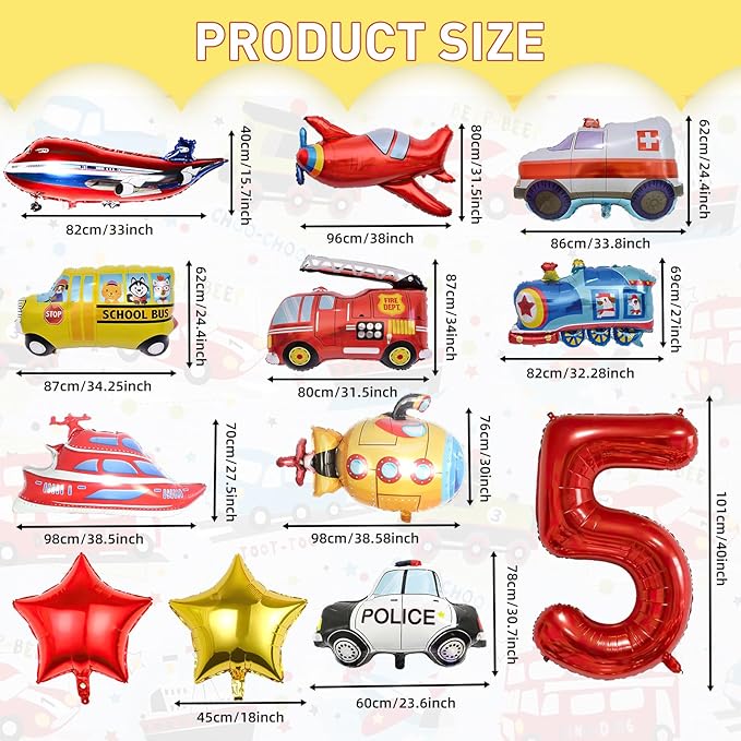 12pcs Transportation Balloons, Truck Plane School Bus Fire Truck Police Car Ship Ambulance Submarine Foil Balloon, Transportation 5th Birthday Vehicles Theme Party Supplies Decorations (5th)