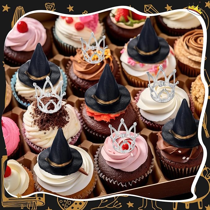 24 Pack Witch Hat and Crown Cake Topper Bad Witch Birthday Party Decorations Mini Wizard Hats Silver Crown Cupcake Toppers Decor Princess Cake Accessories for Birthday Party Supplies Crafts