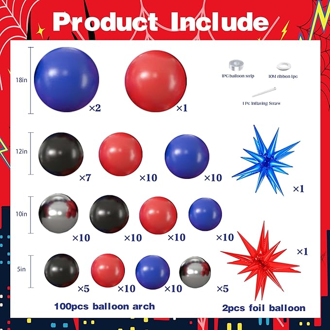 105Pcs Birthday Decorations for Boys, Red Blue Black Silver Balloon Garland Arch Kit with Starburst Foil Balloons for Kids City Defender Comic Vibe Baby Shower Party Supplies
